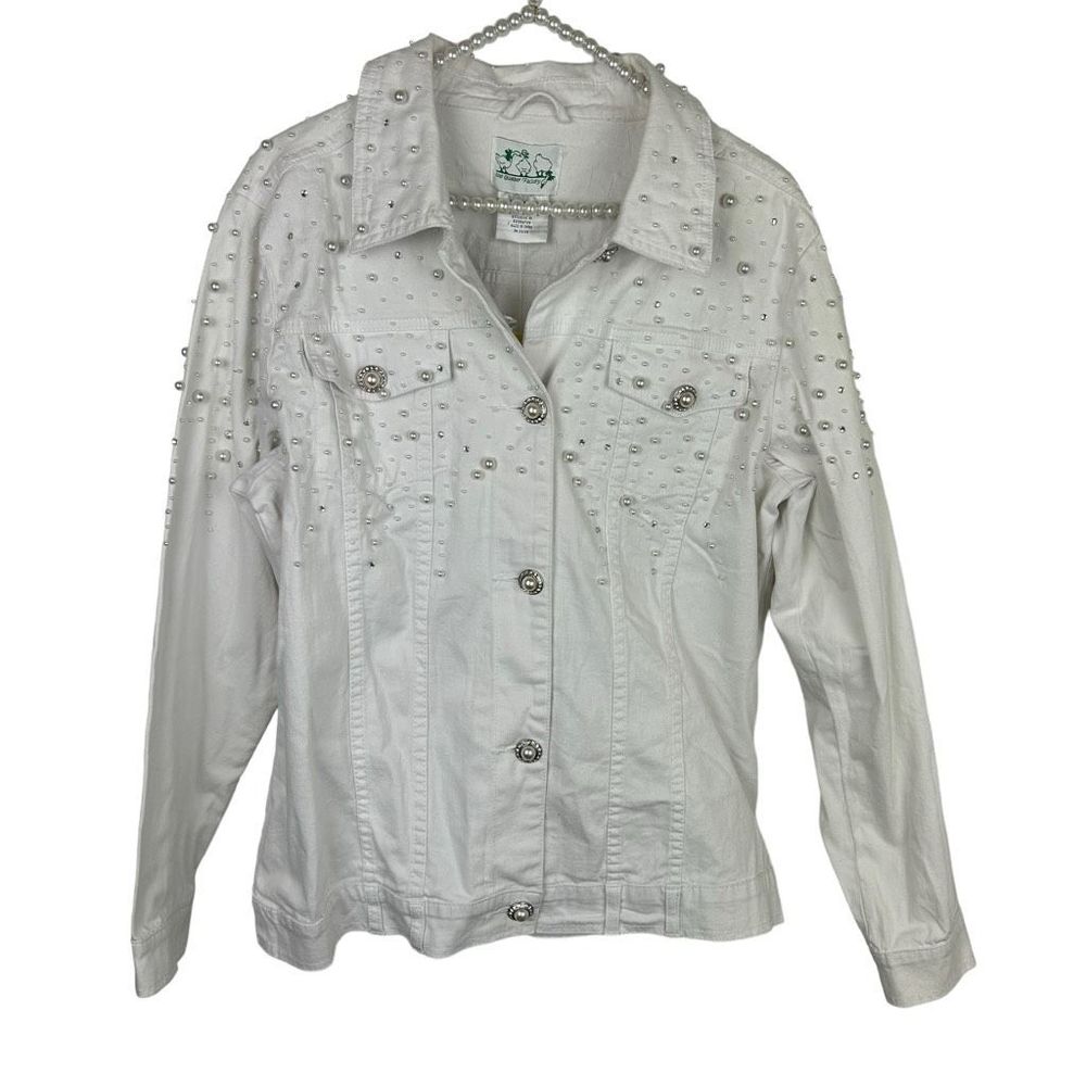 The Quacker Factory white denim jacket pearls and rhinestones Size medium NWT